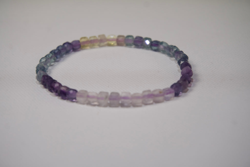 100% Natural Rainbow Fluorite Faceted Gemstone Stretch Bracelet – Multicolor Crystal Beaded Bracelet