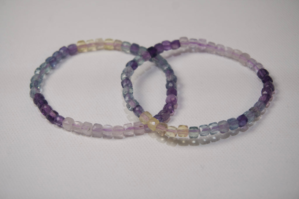 100% Natural Rainbow Fluorite Faceted Gemstone Stretch Bracelet – Multicolor Crystal Beaded Bracelet
