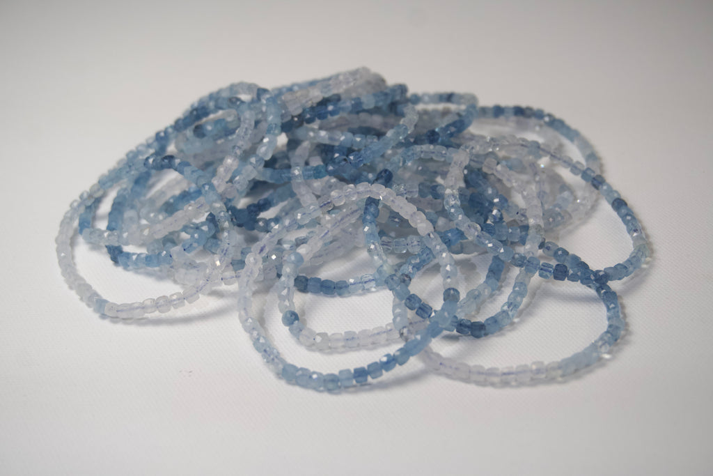 100% Natural Aquamarine Faceted Gemstone Stretch Bracelet – Blue Cube Bead Crystal Bracelet | 1 Piece | Senzai Gems
