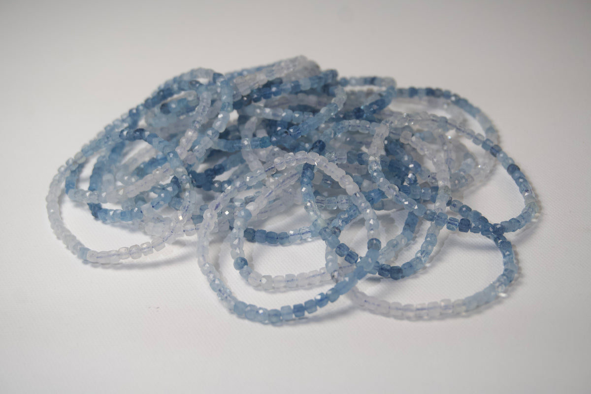 100% Natural Aquamarine Faceted Gemstone Stretch Bracelet – Blue Cube Bead Crystal Bracelet | 1 Piece | Senzai Gems
