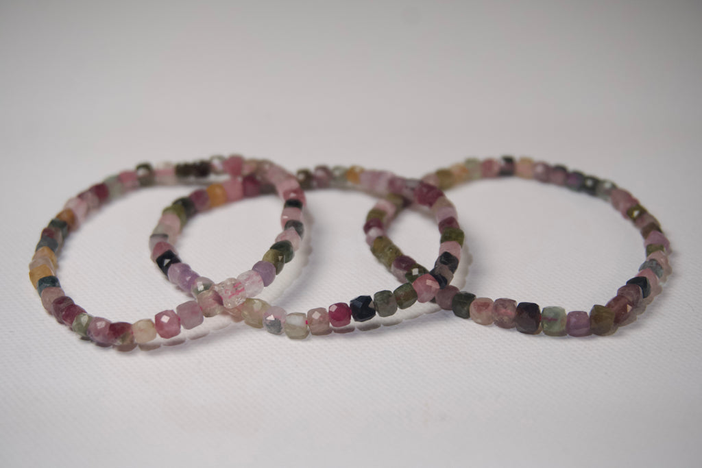 100% Natural Multi-Color Tourmaline Faceted Gemstone Stretch Bracelet | Handmade Genuine Crystal Beaded Bracelet