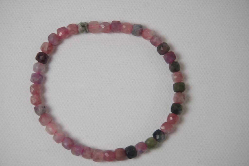 100% Natural Multi-Color Tourmaline Faceted Gemstone Stretch Bracelet | Handmade Genuine Pink & Green Crystal Beaded Bracelet