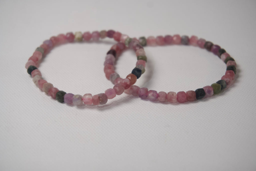 100% Natural Multi-Color Tourmaline Faceted Gemstone Stretch Bracelet | Handmade Genuine Pink & Green Crystal Beaded Bracelet