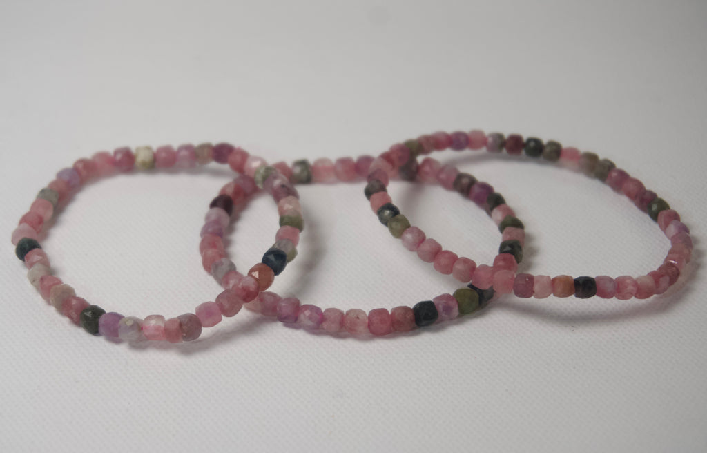 100% Natural Multi-Color Tourmaline Faceted Gemstone Stretch Bracelet | Handmade Genuine Pink & Green Crystal Beaded Bracelet