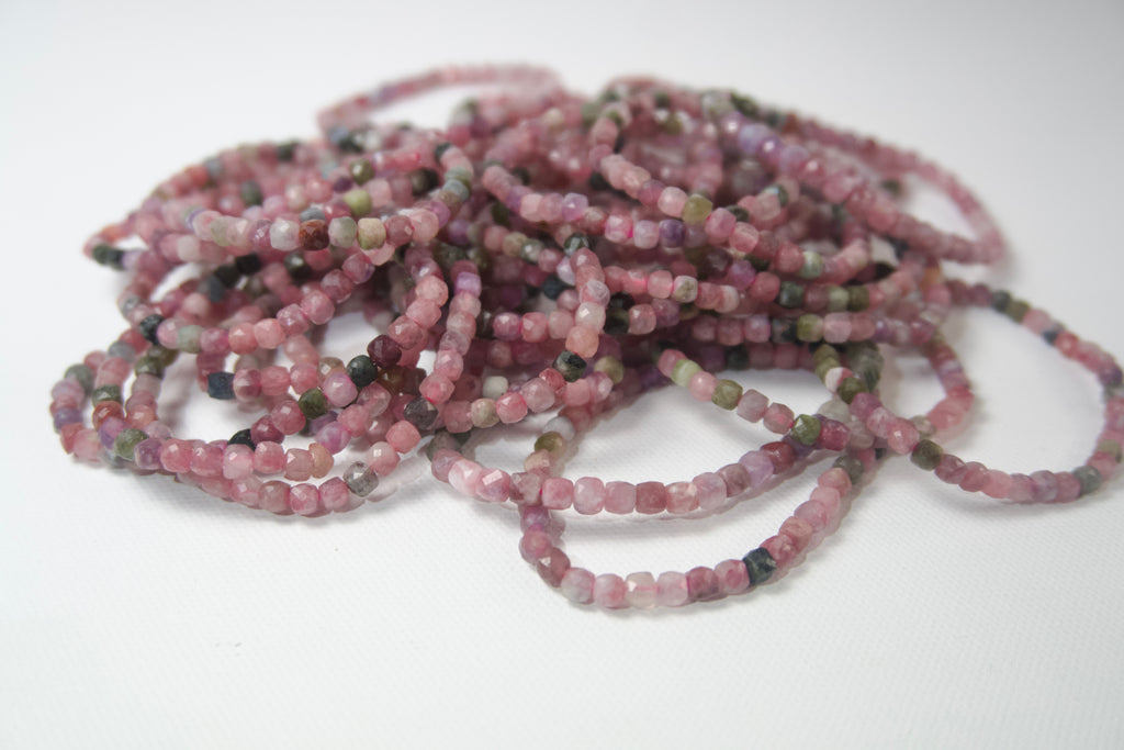 100% Natural Multi-Color Tourmaline Faceted Gemstone Stretch Bracelet | Handmade Genuine Pink & Green Crystal Beaded Bracelet